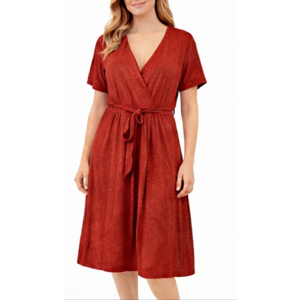 L.L. Bean orange jersey short sleeve wrap dress tie waist M